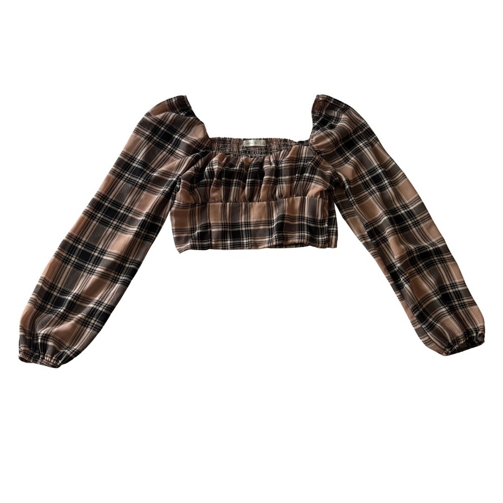 ActiveUSA Plaid Milkmaid Crop Top M Square Neck Peasant Smocked Cottagecore Fall